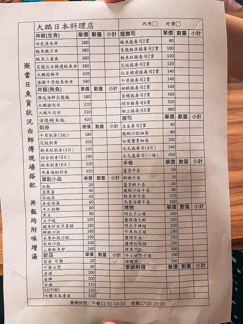 大鵬壽司菜單價格