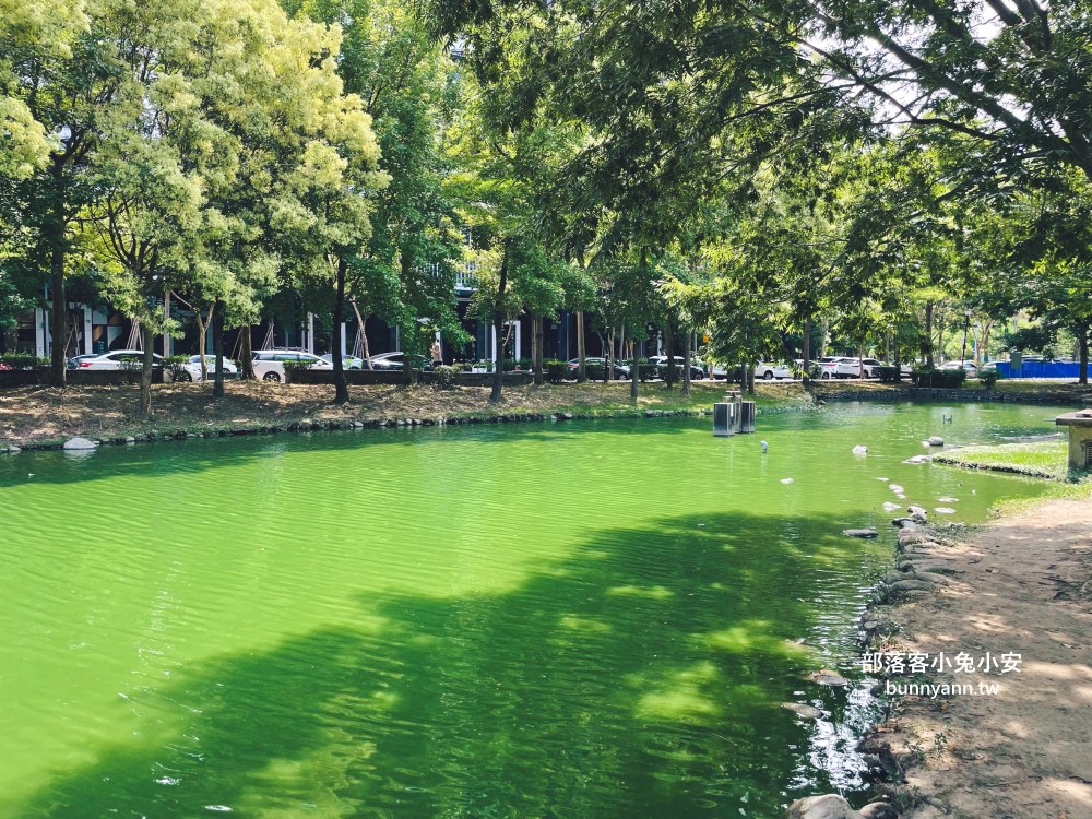 竹北【水圳森林公園】繞著碧綠湖水的步道，來回半小時輕鬆走完。