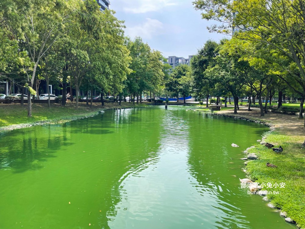竹北【水圳森林公園】繞著碧綠湖水的步道，來回半小時輕鬆走完。