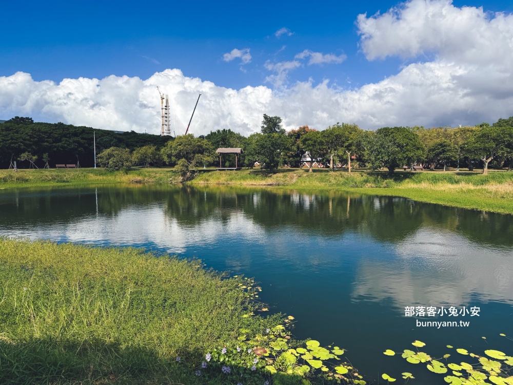 新北市【八里十三行文化公園】嗨玩山丘溜滑梯，池畔步道舒適又好走