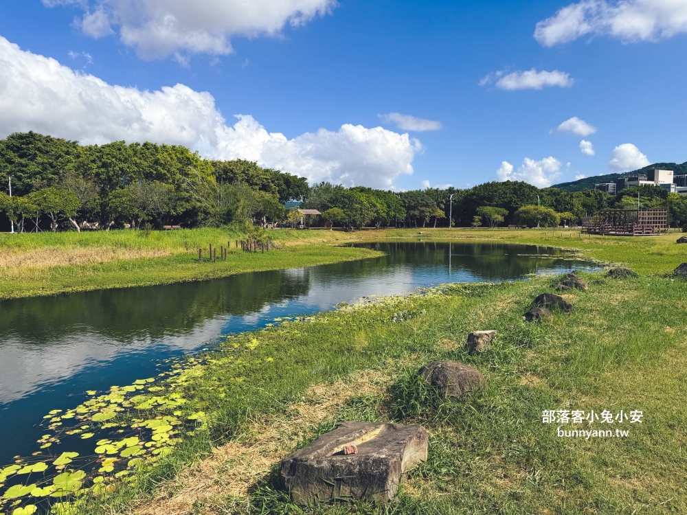 新北市【八里十三行文化公園】嗨玩山丘溜滑梯，池畔步道舒適又好走
