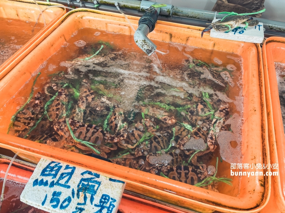 萬里【三協香萬里蟹】賣著當地盛產的螃蟹與各類海產，還有粒粒飽滿文蛤湯與新鮮小卷！